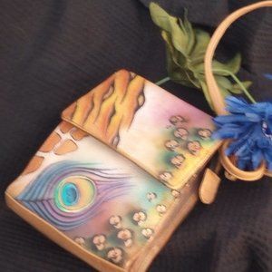 Anuschka Hand painted Triple compartment crossbody organizer Peacock Safari